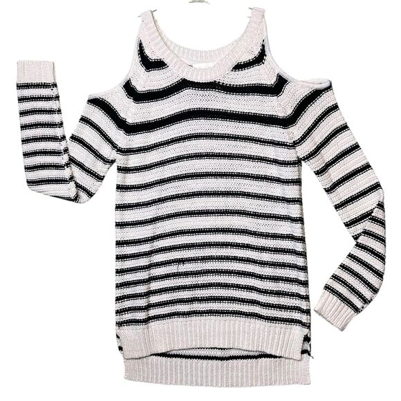La Classe Couture Sweater Womens XS Black White Striped Cold Shoulder Pullover - Picture 11 of 12
